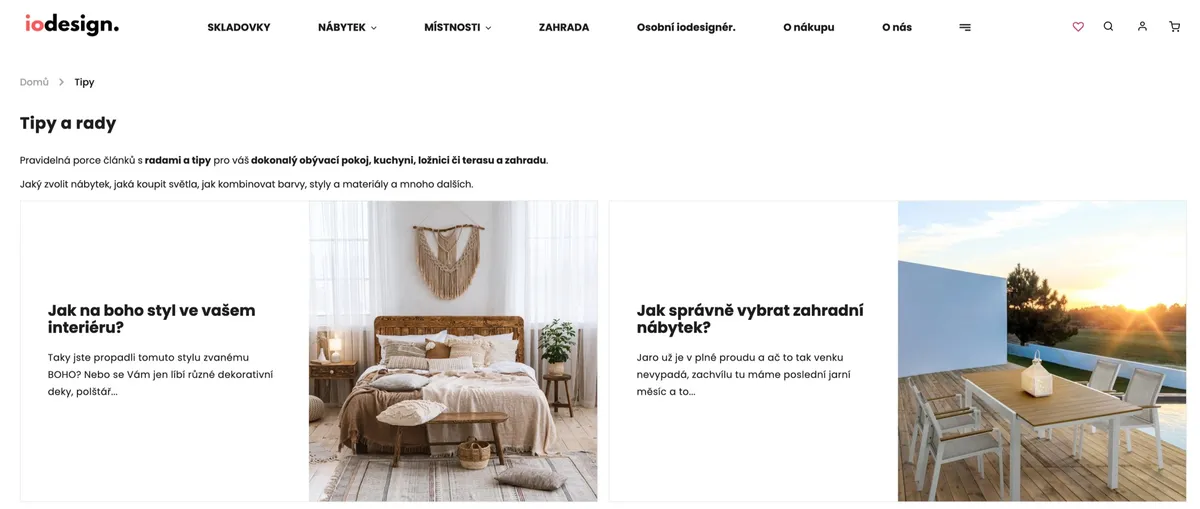 Sekce tipů a rad pro domácnost na e-shopu iodesign